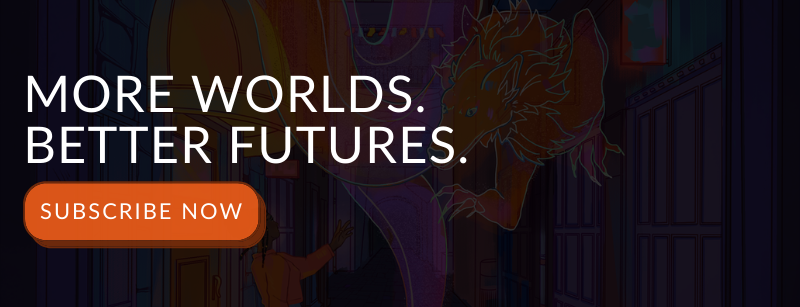 A subscribe now button with "More worlds. Better futures." overlaid on Augur 3.1 cover.