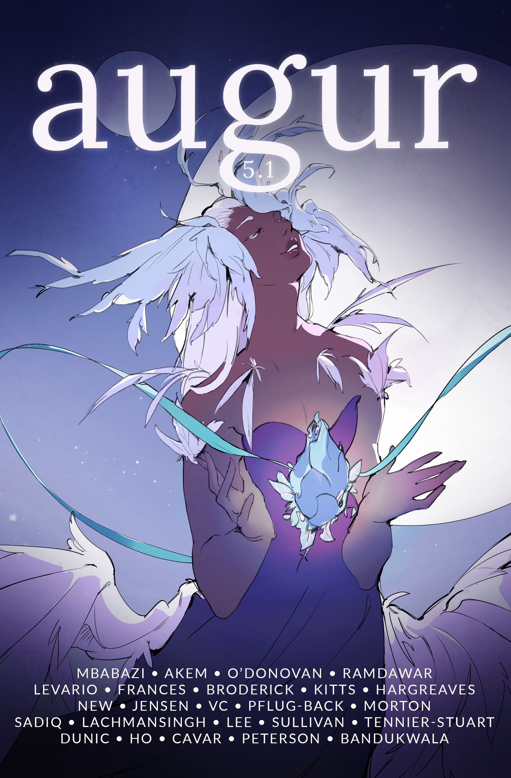 Augur 5.1 cover featuring a dark skinned figure with feathers haloing their head as they cradle a glowing, otherworldly flowerbud. Two background moons shine on their outspread wings.