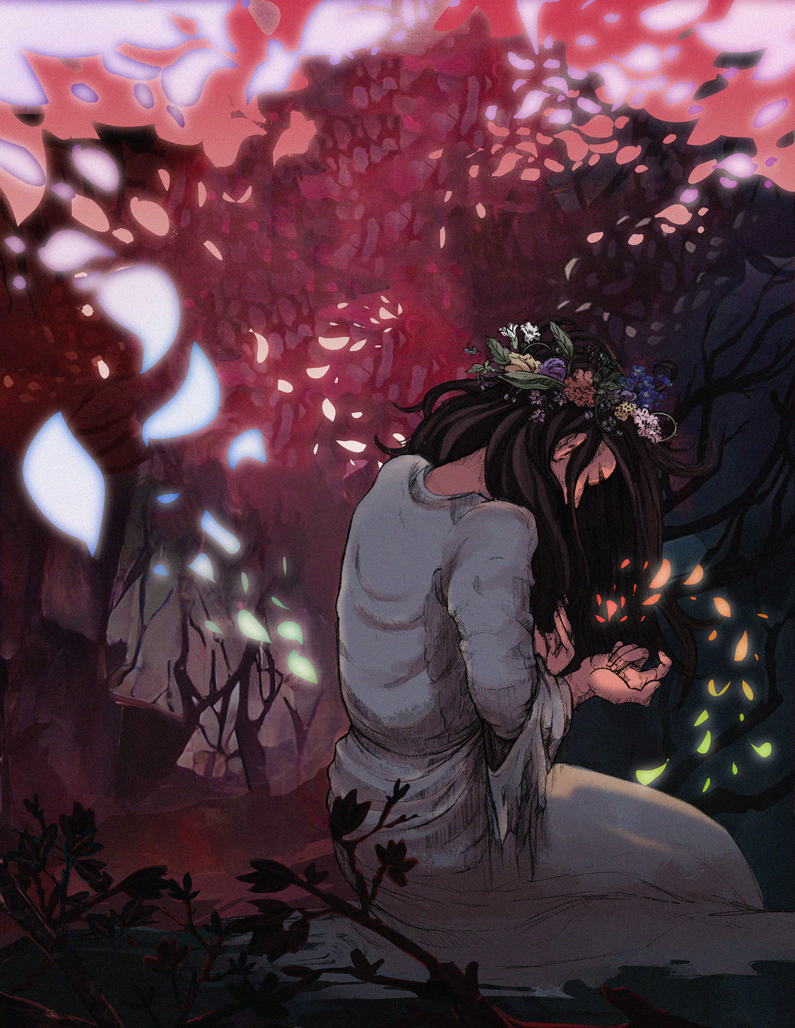 Illustration of a woman on her knees in a dark red and purple forest, wearing a tattered grey dress and a flower crown. She looks down at her hands, which are empty but appear to be clutching at multicoloured petals that swirl around her into the background.