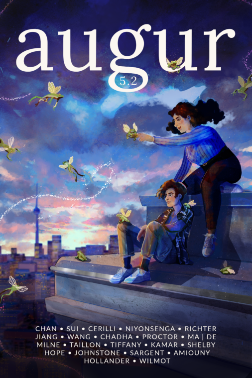 Augur 5.2 cover in blue and purple tones of two people on a rooftop overlooking a sunrise above Toronto's skyline. They are surrounded by fairy frogs. Last names for all creators are listed along the bottom.