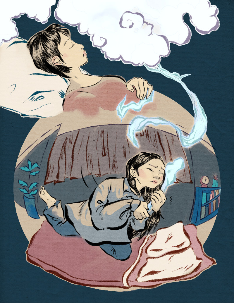 Illustration of a dreamy, fish-eye lens of two women. One sleeps peacefully beneath full clouds of sleep, while the other kneels on a bed, clinging to small wisps of sleep in the hopes of getting some rest.